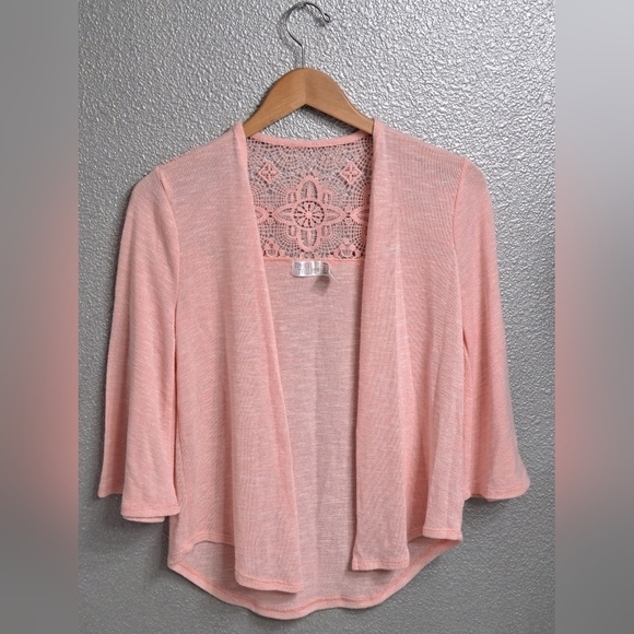 Pink Open Face Cardigan With Crocheted Shoulders - Picture 1 of 9